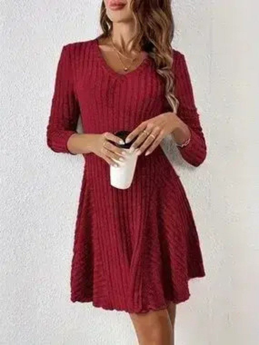 V-Neck Ribbed Knit Flared Knit Dress - Picture 7 of 9